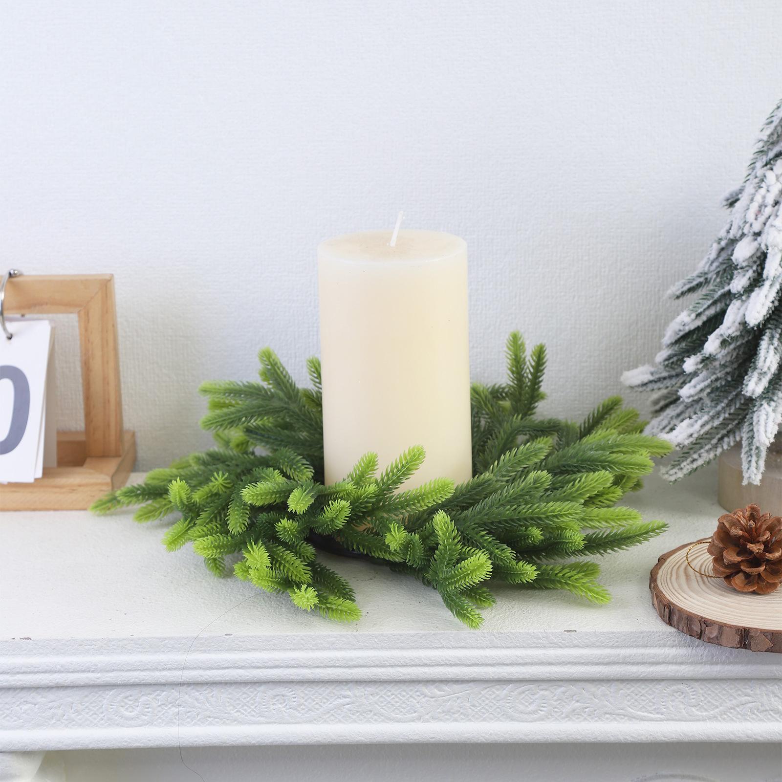 Christmas Candle Rings Wreath Norfolk Pine Garland Artificial Snow Pine Needle Garland Table Ornament for Wedding