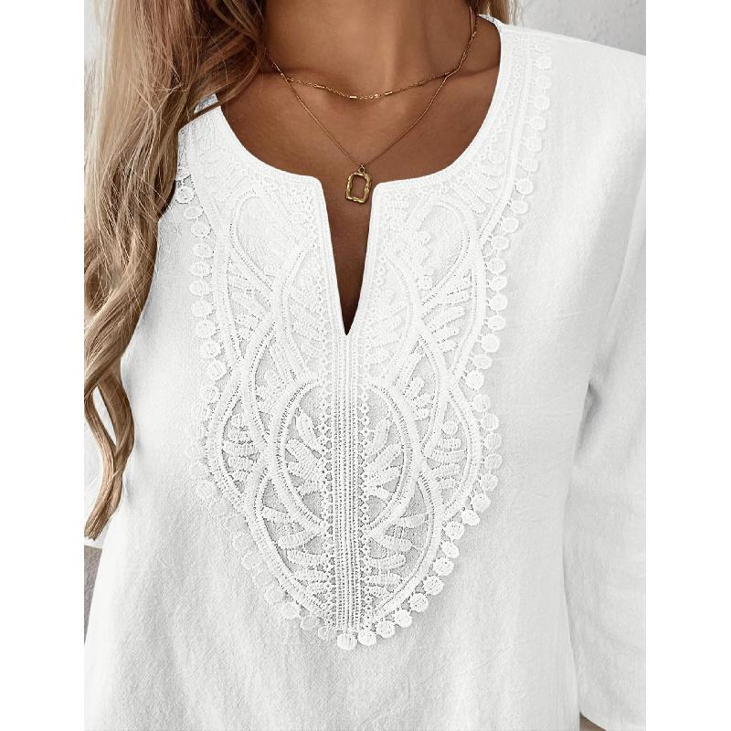 2026 Spring/Summer Bohemian Style Women's Linen Lace Trim V-Neck Three-Quarter Sleeve Casual Blouse