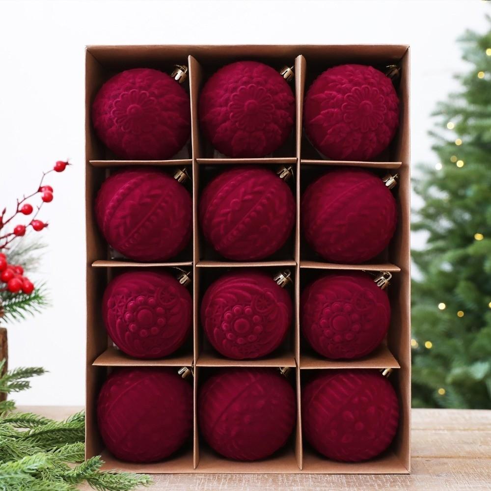 8 CM Red Flocked Christmas Balls Ornaments Break-Resistant with Lanyards Xmas Tree Baubles Pendants Solid Color Shatterproof