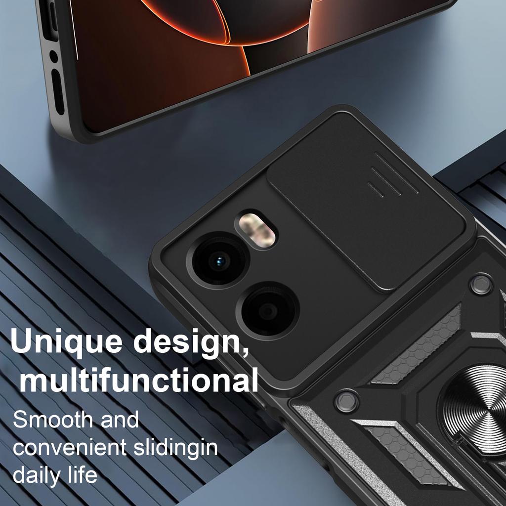 För Motorola Moto G05 4G Fodral med Skjutbart Kameraskydd PC+TPU Ställ Telefonfodral