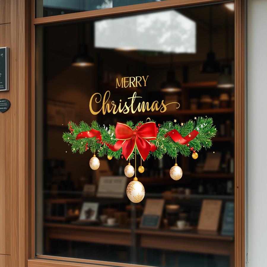 1 PC Christmas Window Sticker, Christmas Sticker Decorative Door Sticker, Special for Christmas Party, Including Bow, Light Ball