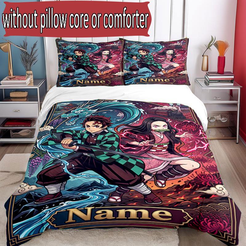 3pcs Duvet Cover Set (1*Duvet Cover + 2*Pillowcase, Without Core), Custom Name Demon Slayer Anime Pattern Bedding Set, Home Bedroom Decor Gift