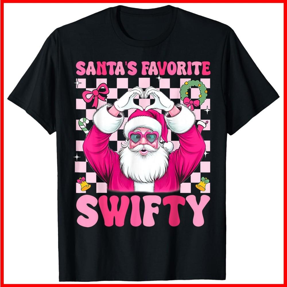Santa s Favorite Swifty Merry Christmas Groovy Xmas Lights Black Cotton T-Shirt Unisex T-Shirt S