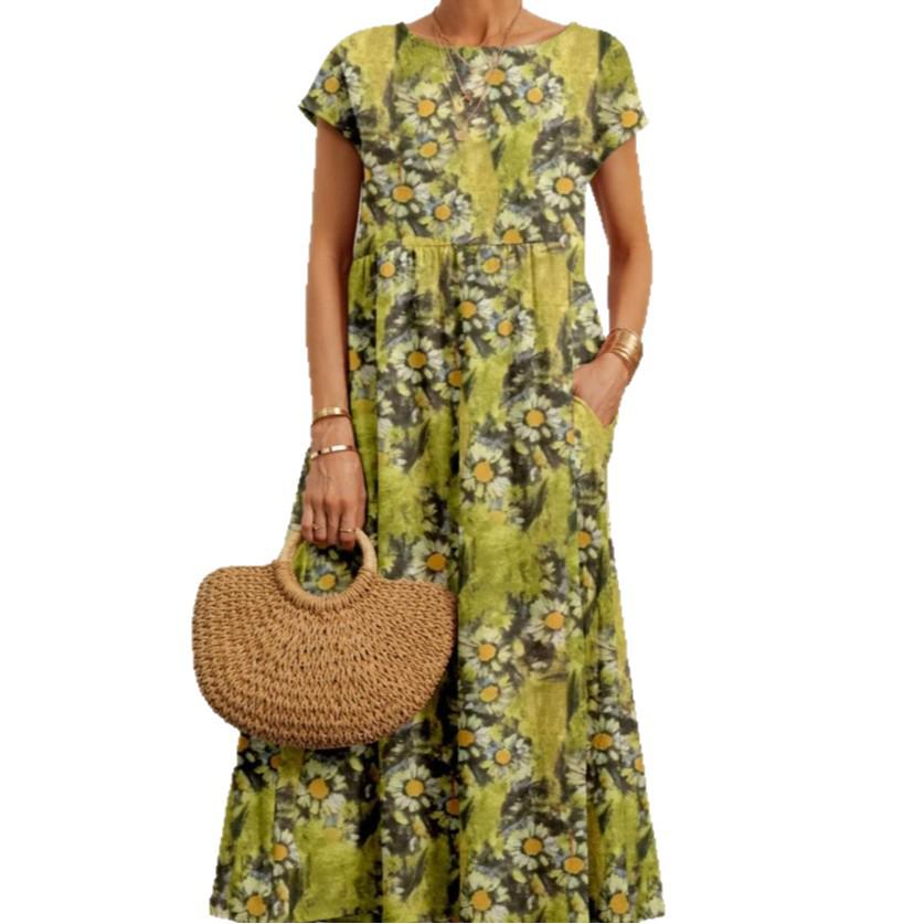 Large Cotton Linen Printed Summer Dress - Women's Loose Fit, Round Neck with Pockets.