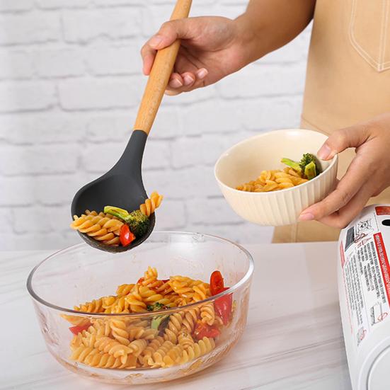 12Pcs Silicone Kitchenware Set Turner Spatula Spoon Non-Stick Heat Resistant Cooking Utensils with Wooden Handles Storage Bucket