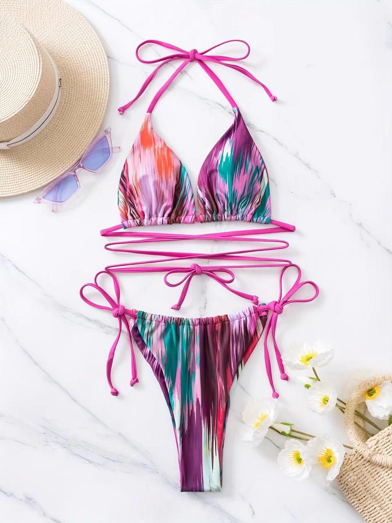 European & American Tie-Dye Three-Piece Deep V Bandage Bikini Set with Sexy Hollow-Out Design