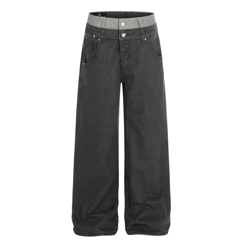 

Kisko American Retro Double-Waistband Washed Straight-Leg Jeans Unisex Trendy Brand Design Loose Casual Pants Dark gray 2XL
