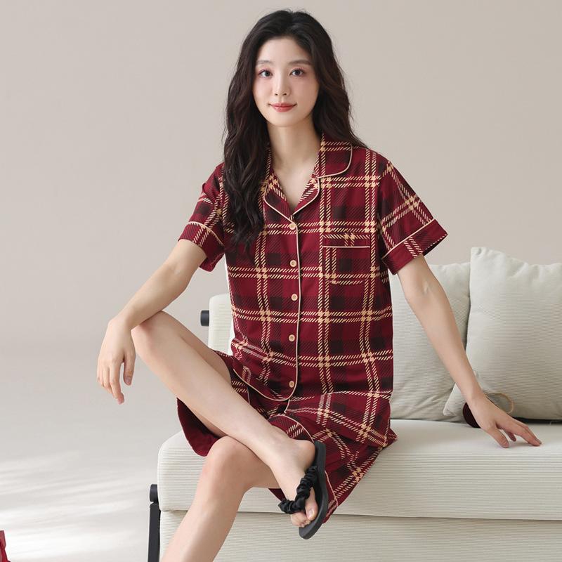 Pajamas Couple Summer Lycra Cotton Thin Short-sleeved Fashion Plaid Red Wedding Loungewear Set Pure Cotton