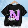 Kids Short Sleeve Clothing Gift KPop Demon Hunters T-shirt for Children Cartoon A-Z Letters Tee Top Black Round Collar Clothes