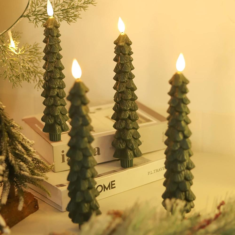 2Pcs Christmas Tree LED Flameless Candles Light with 3D Flame Wick Green LED Candlesticks  Operated forChristmas Home Decoration