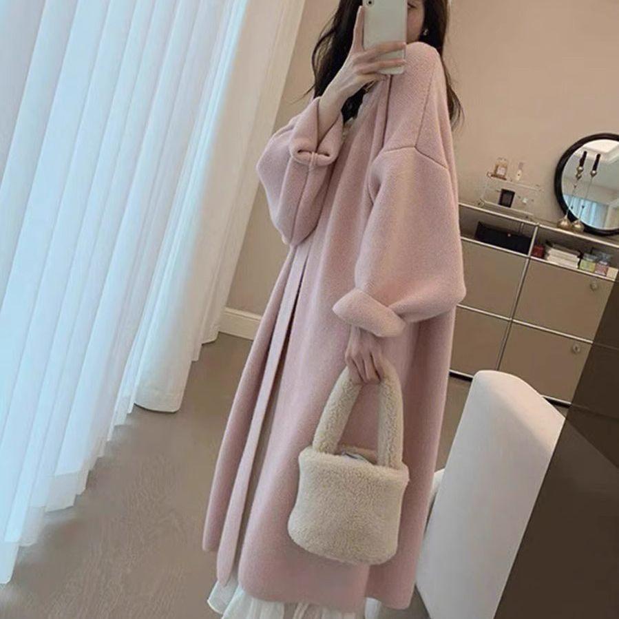 Over-the-Knee Long Length Lazy Style Knitted Cardigan for Autumn Winter Loose Thickened High-End Knitted Outer Wear