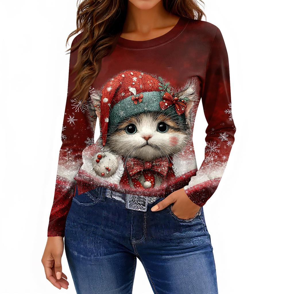 Women's Fashion Casual Slit Hem Round Neck Long Sleeve Loose Printed T-Shirt Ladies Top