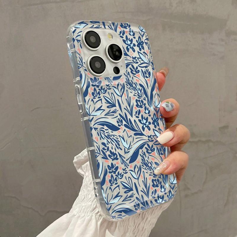 Blue Floral Patterned TPU Phone Case For iPhone 16 16e 14 13 15 Pro Max 11 12 Pro Mini 7 8 Plus XR Shockproof Soft Clear Cover