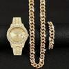 3pcs/set 15mm Necklace+Bracelet+Watch Cuban Chain Watch Hip Hop Miami Curb Iced Out Paved Rhinestone Rapper Cuban Men Jewelry