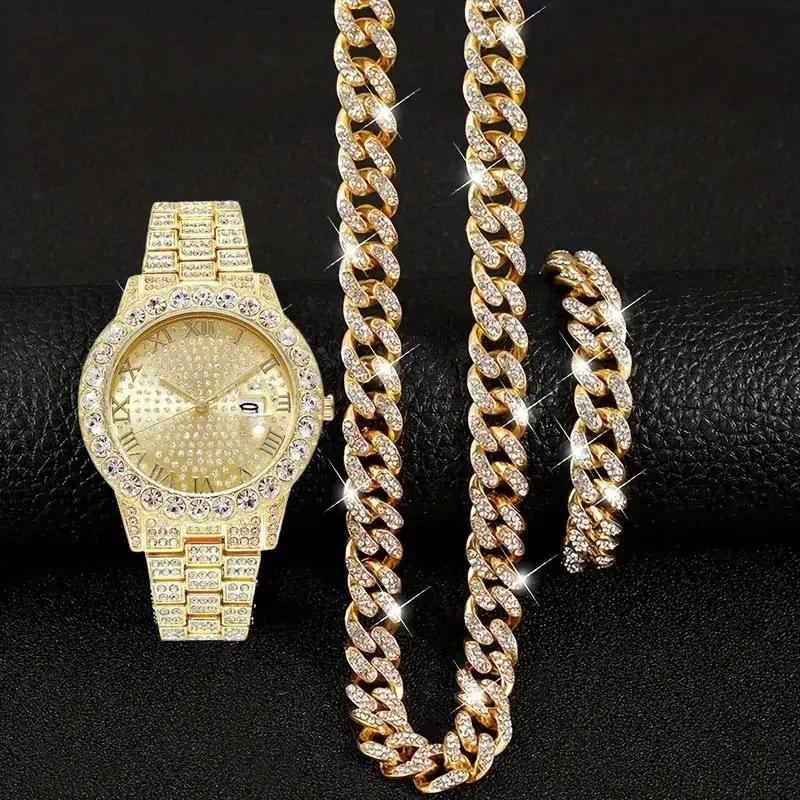 3pcs/set 15mm Necklace+Bracelet+Watch Cuban Chain Watch Hip Hop Miami Curb Iced Out Paved Rhinestone Rapper Cuban Men Jewelry