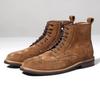 Autumn Winter Mens Chelsea Boots Cowhide Suede Leather Carved High Top Brogues Shoes Low Heel Round Toe Lace Up Mens Short Boots