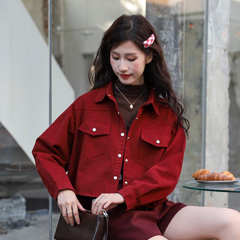 

Autumn/Winter Red Petite Slimming Turn-Down Collar Cotton Jacket for Women One Size