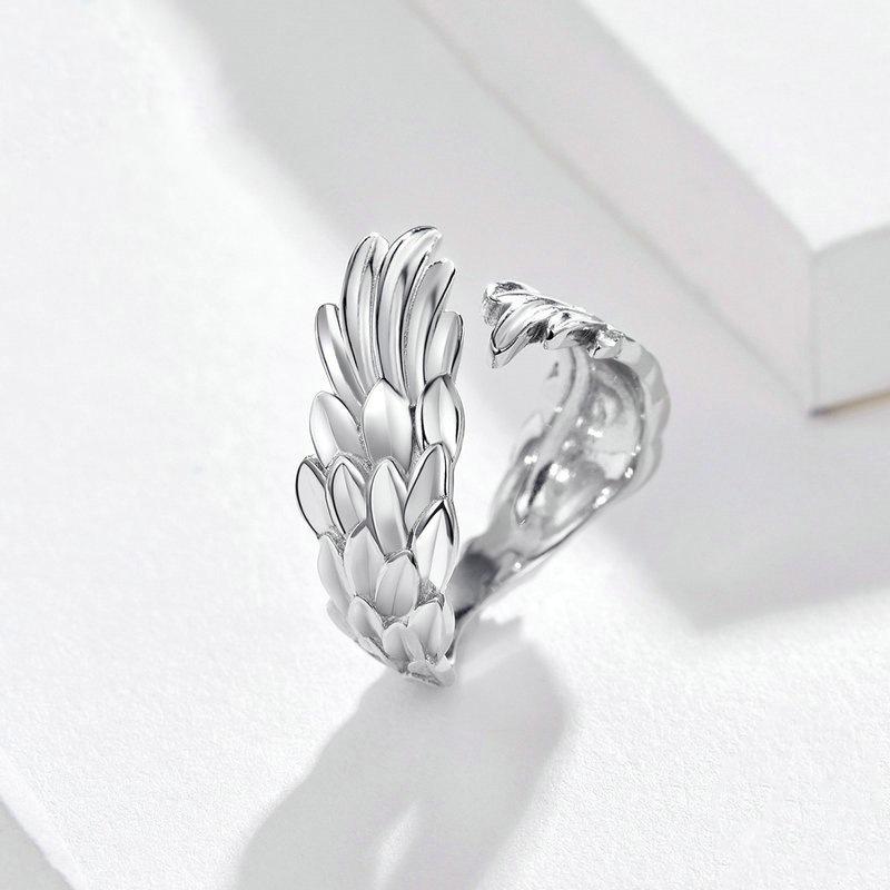 Yintai Fei Adjustable Unisex Thai Silver Feather Wing Ring - White Gold Plated Retro Style.