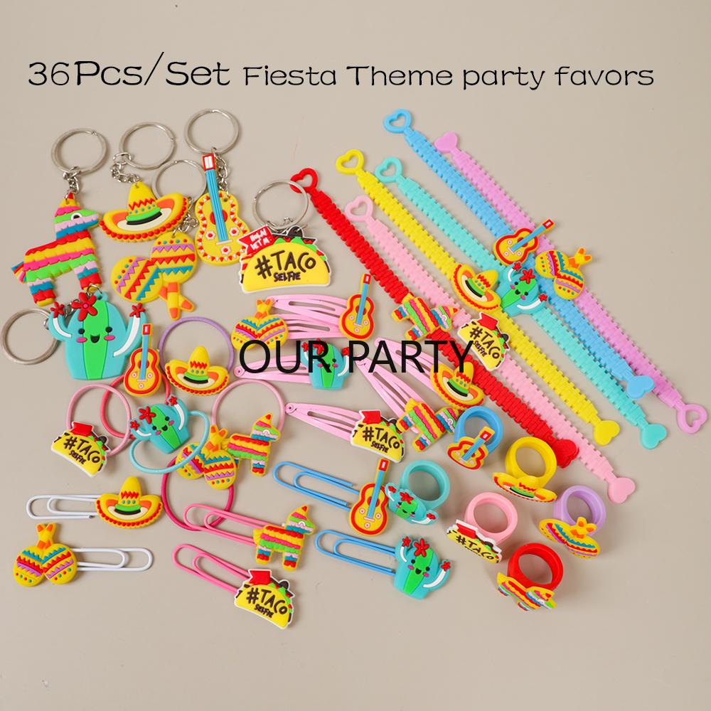 

36Pcs Mexican TACO Cinco De Mayo PVC Ring Keychain Bracelet Hair Clip for Kids Fiesta Theme Birthday Party Favors Pianta Fillers