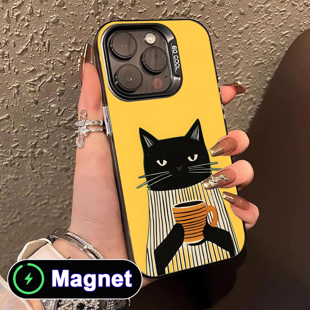 Cute Coffee Cat Translucent MagSafe Mobile Phone Case for iPhone 17 16 15 14 13 12 11 Air Pro Max Plus Colorful Cover