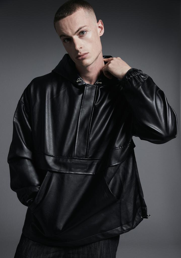 Apostrophe Comma Leather Patch Anorak Hoodie Leather Jacket_Black