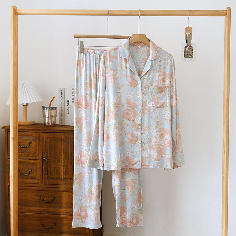 Spring and Summer New Women's Pajamas Set Cotton Silk Gongsatin High End Large Flower Home Furnishing Long Sleeve Pants
