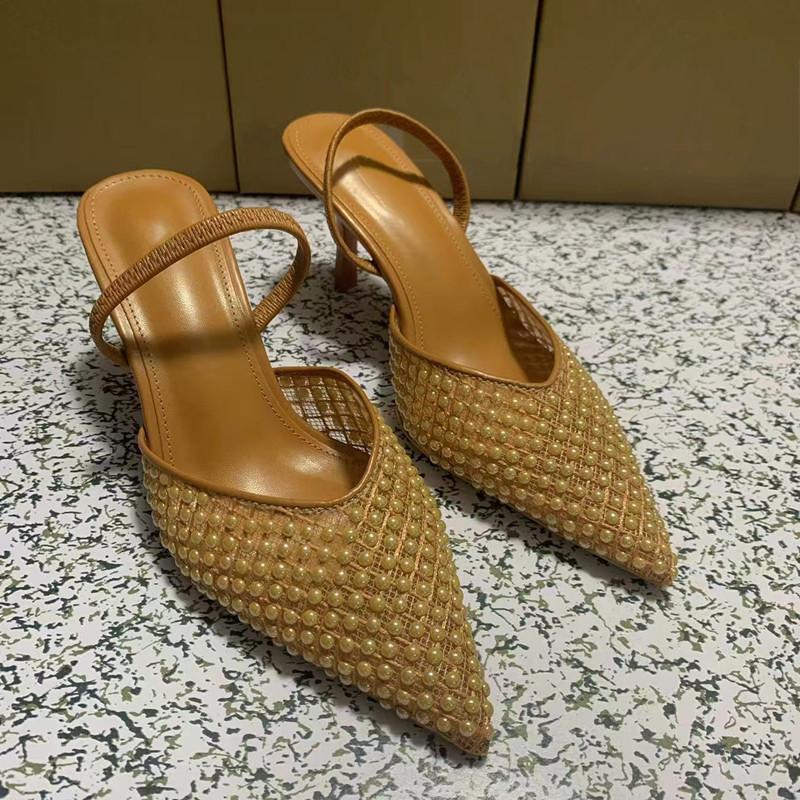 Fashion Brand Fashion Woven Mesh Beading Women Pumps Elegant Pointed Toe Chic Thin High Heels Summer Classic Slingback Office Lady Shoes