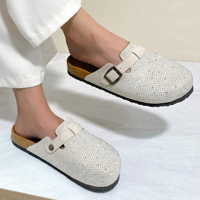 Fashion 2025 New Closed Toe Women's Slippers Fashion Crystal Outdoor Casual Belt Buckle Best Seller Plus Size Comfortable Flat Slippers