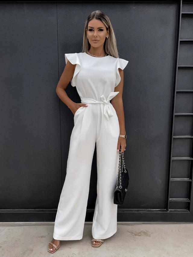 2024 European & American High-Waisted Tie-Up Jumpsuit - Solid Color, Long Pants, Women's Commuter Wear