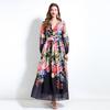 2025 Spring/Summer Floral V-Neck Lantern Sleeve Dress with Ruched Waist & Ruffle Hem