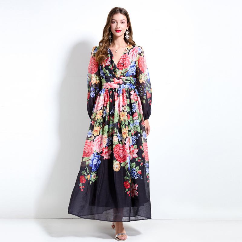 2025 Spring/Summer Floral V-Neck Lantern Sleeve Dress with Ruched Waist & Ruffle Hem