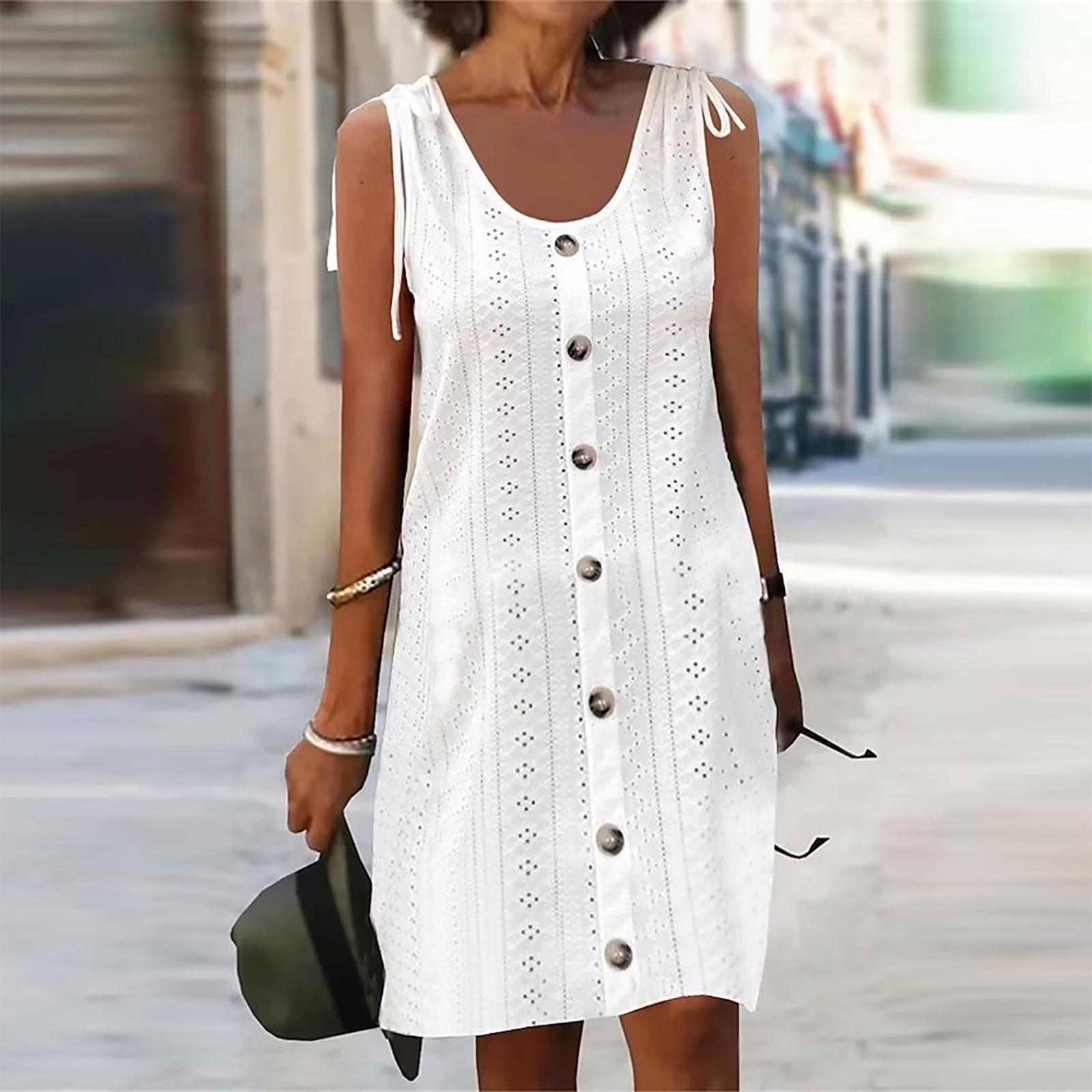 

Платья для женщин Винтажное элегантное U-образный вырез Пуговицы Длинное платье Летнее повседневное Без рукавов Ажурное Миди-платье XL белый