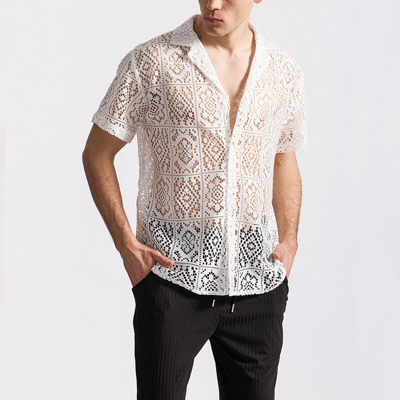 Men's Lace Short Sleeve Shirt Summer Casual Breathable Tops Fashionable Hundred Men's Tops