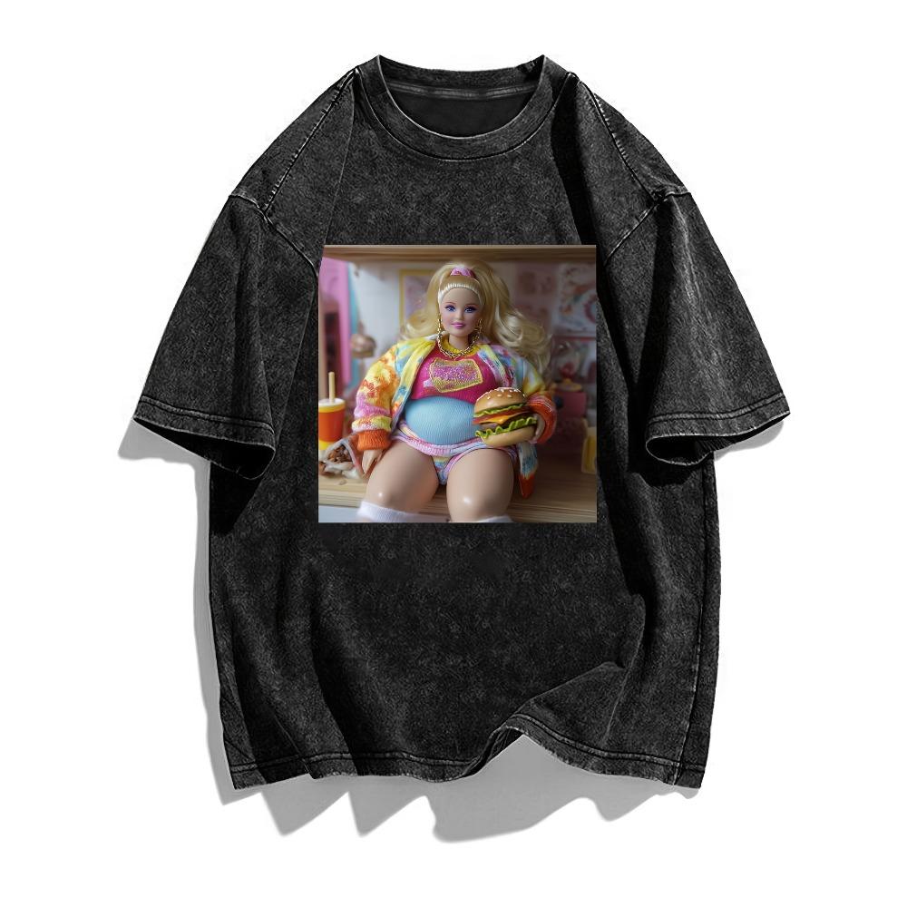 Fun Street Y2K Doll Printed Washed T-shirt for Summer Suitable for Both Men and Women Casual and Fashionable T-shirt