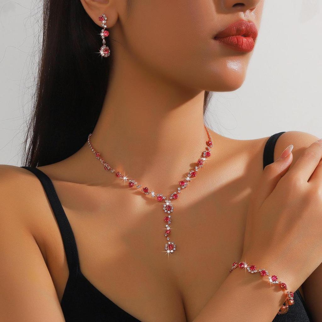 Pink Diamond & Multi-Color Gem Jewelry Set: Necklace, Earrings, Bracelet Trio for Weddings.