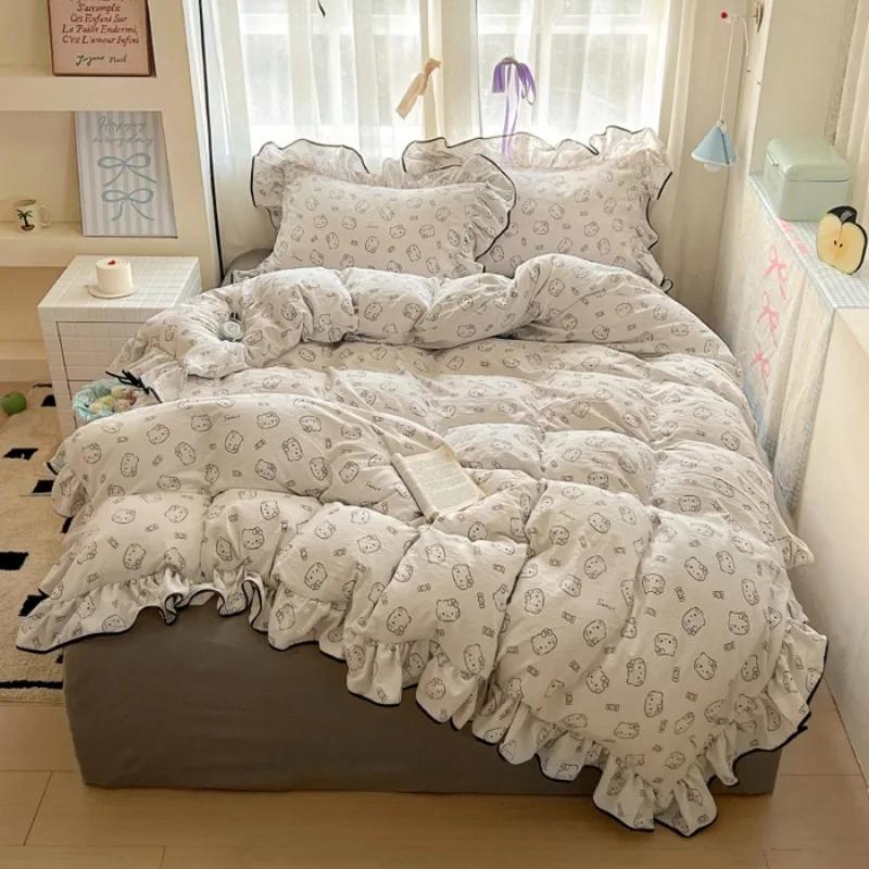 2025 New Cream Lace Girl Powder Grid Korean Version Bed 4-piece Set Washed Cotton Double-layer Yarn Quilt Cover Dormitory