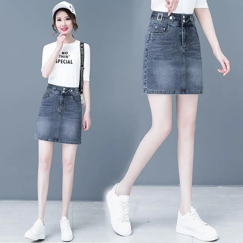 Spring Summer Plus Size Skirt for Women High Waist Large Size Slit Black or Blue Jeans Skirts Korean Slim Femme A-line Skirt