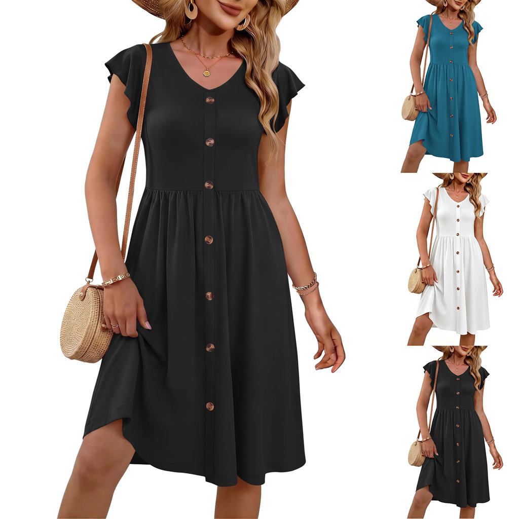 Women’s Casual Short Sleeve Button Down Midi Dress with V Neck and Flared Hem for Everyday and Vacation Wear