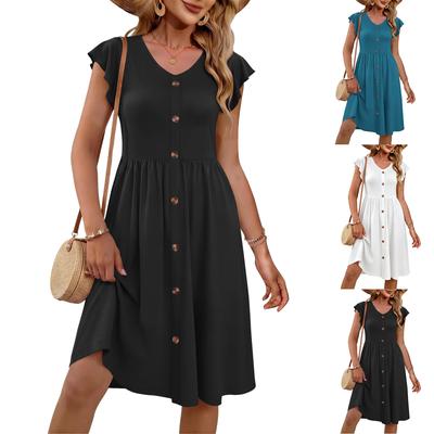 Women’s Casual Short Sleeve Button Down Midi Dress with V Neck and Flared Hem for Everyday and Vacation Wear