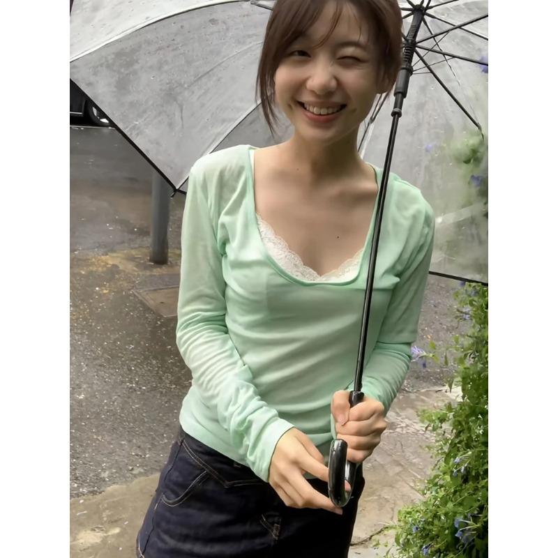 KOSY Harajuku Green T-shirt Women V Neck Solid Tee Tops Y2k Vintage Tops Streetwear Japanese See Through Tshirts