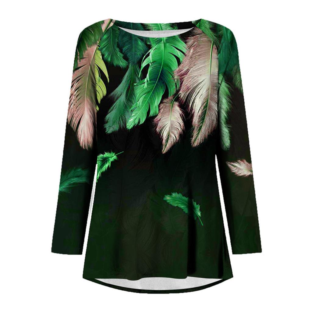 Fashion Womens Casual Loose Round Neck Long-sleeved Print T-shirt Tops