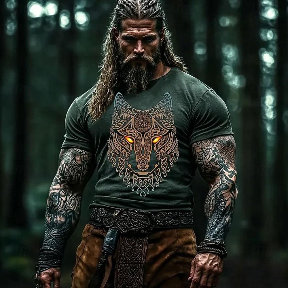 Men's Wolf Viking T Shirt Short Sleeve T Shirt 3D Print Crew Neck Round Neck Shirt Fashion Ethnic Street Casual Daily Blue Purple Brown Summer
