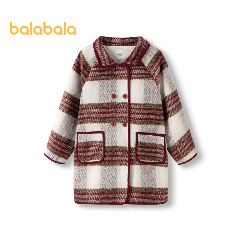 Balabala Girls' 2025 Spring Vintage Plaid Wool Coat