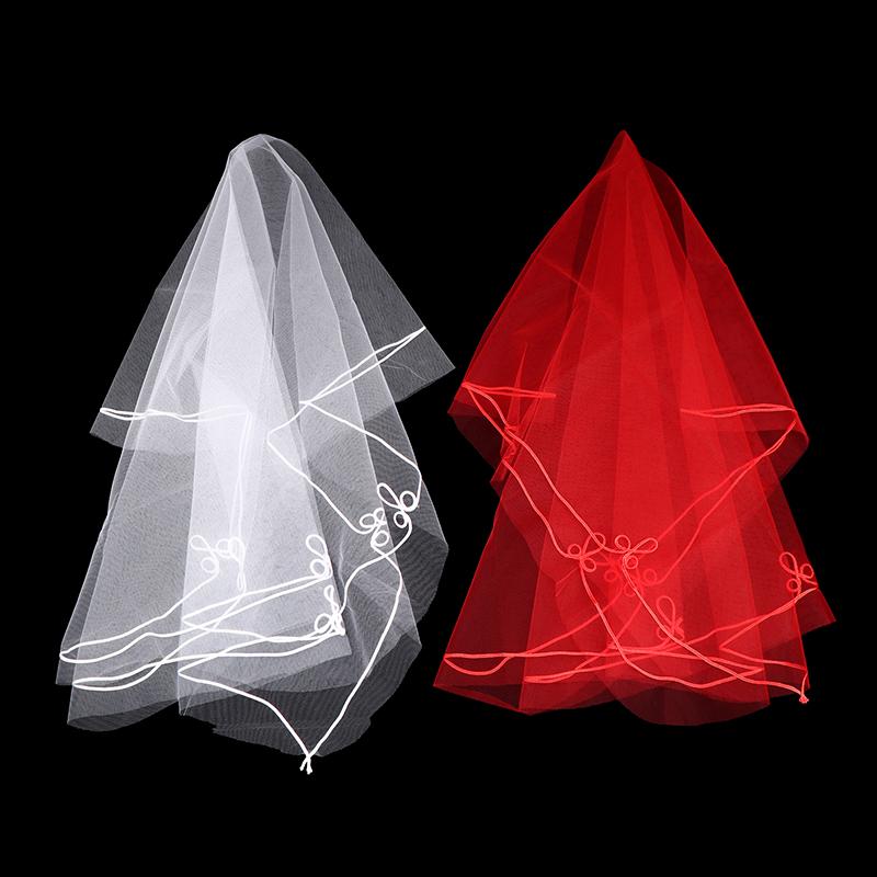 Véu de noiva de 1,4 m com fio de seda e borda de 1 camada, véu de cabeça de noiva branco e vermelho