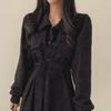 Korean Chic French Retro Corduroy Lapel Tie-Waist Long Dress for Women