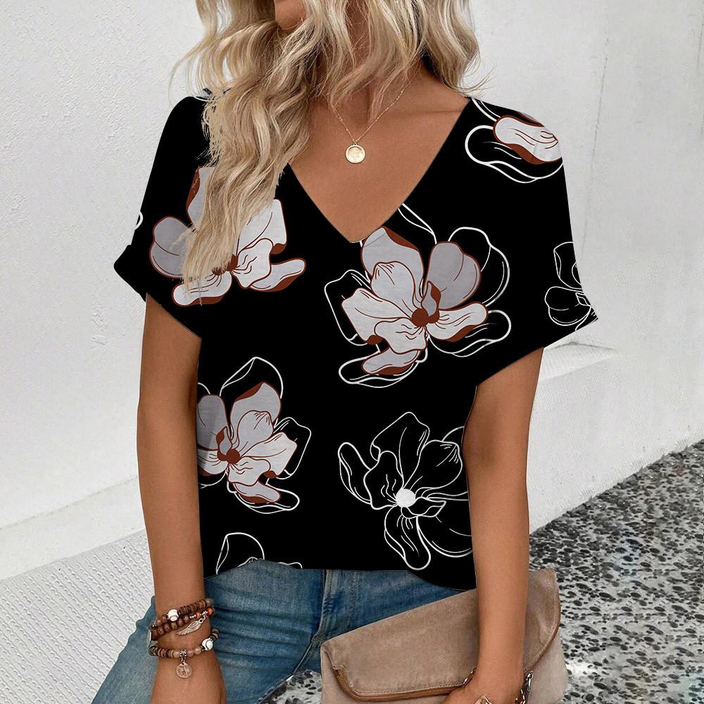 2025 Elegantes und Bequemes Damenmode Kunst Blumenmuster T-Shirt Sommer Freizeit Leichtes Kurzarm-Kleidungsstück