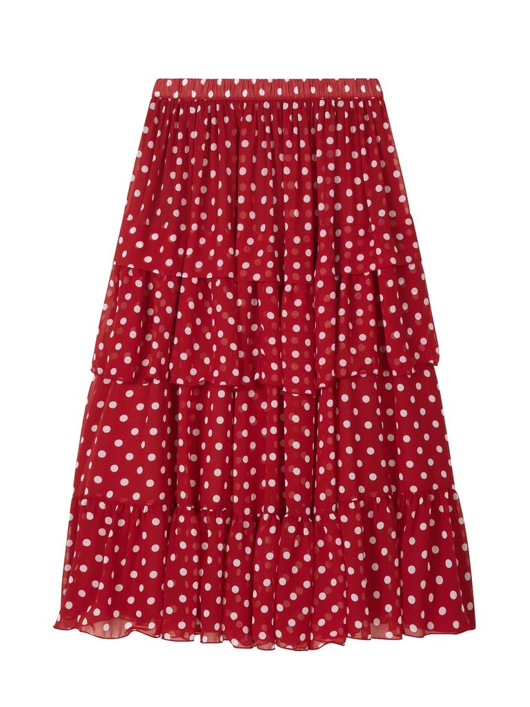 Loaegsyueol Dot Chiffon Flare Skirt_Red