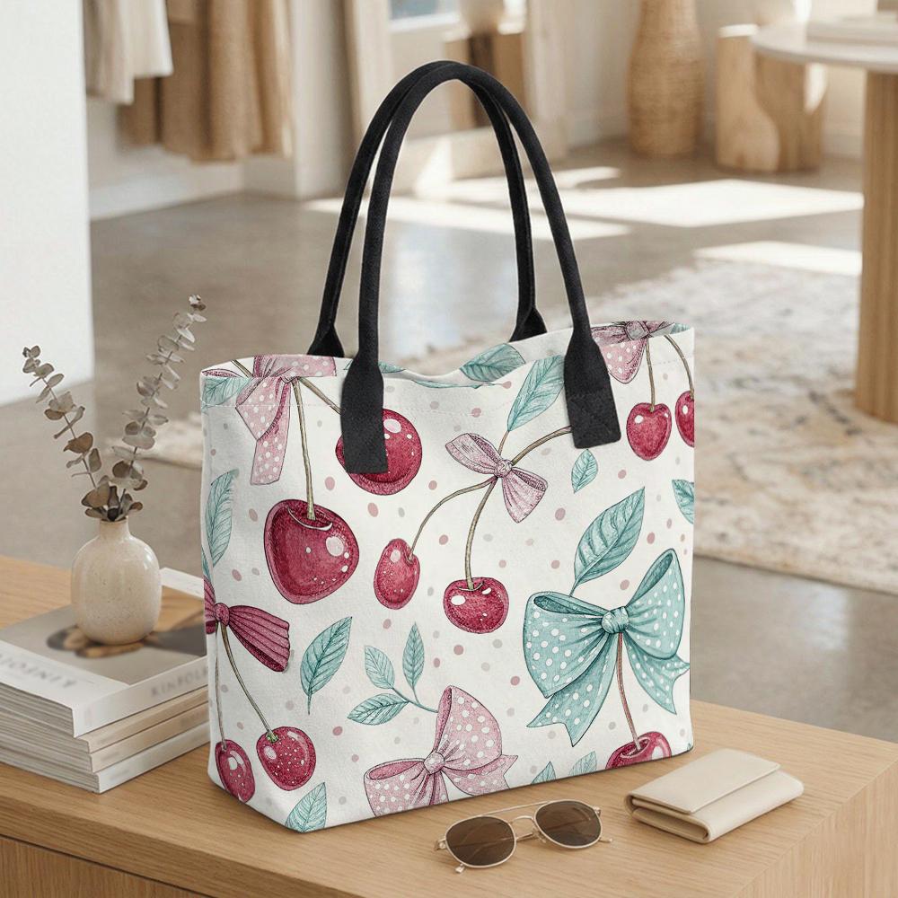 Cute Cherry Bow Printed Canvas Tote Bag Fashion Casual Large Capacity Portable Daily Outdoor Shopping Shoulder Handbag for Women