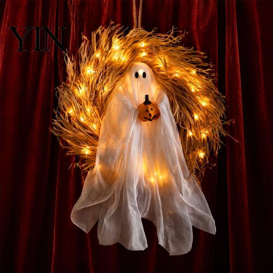 Halloween Night Tour Ambience 68cm Glowing Ghost Wreath Door Hanger, Light Up Spooky Battery Operated Garland with Pumpkin, Festive Home Ornament for