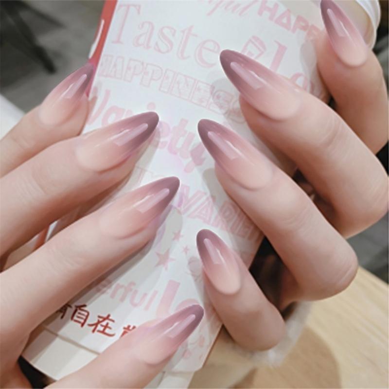 Oval Almond Acrylic Press On Nails 24Pcs Pink White Gradient False Nails with Glossy Finish for Women and Girls